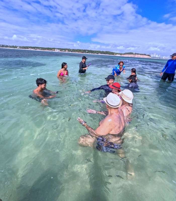 Grupo de passageiros nadando e se divertindo na Piscina Natural do Seixas